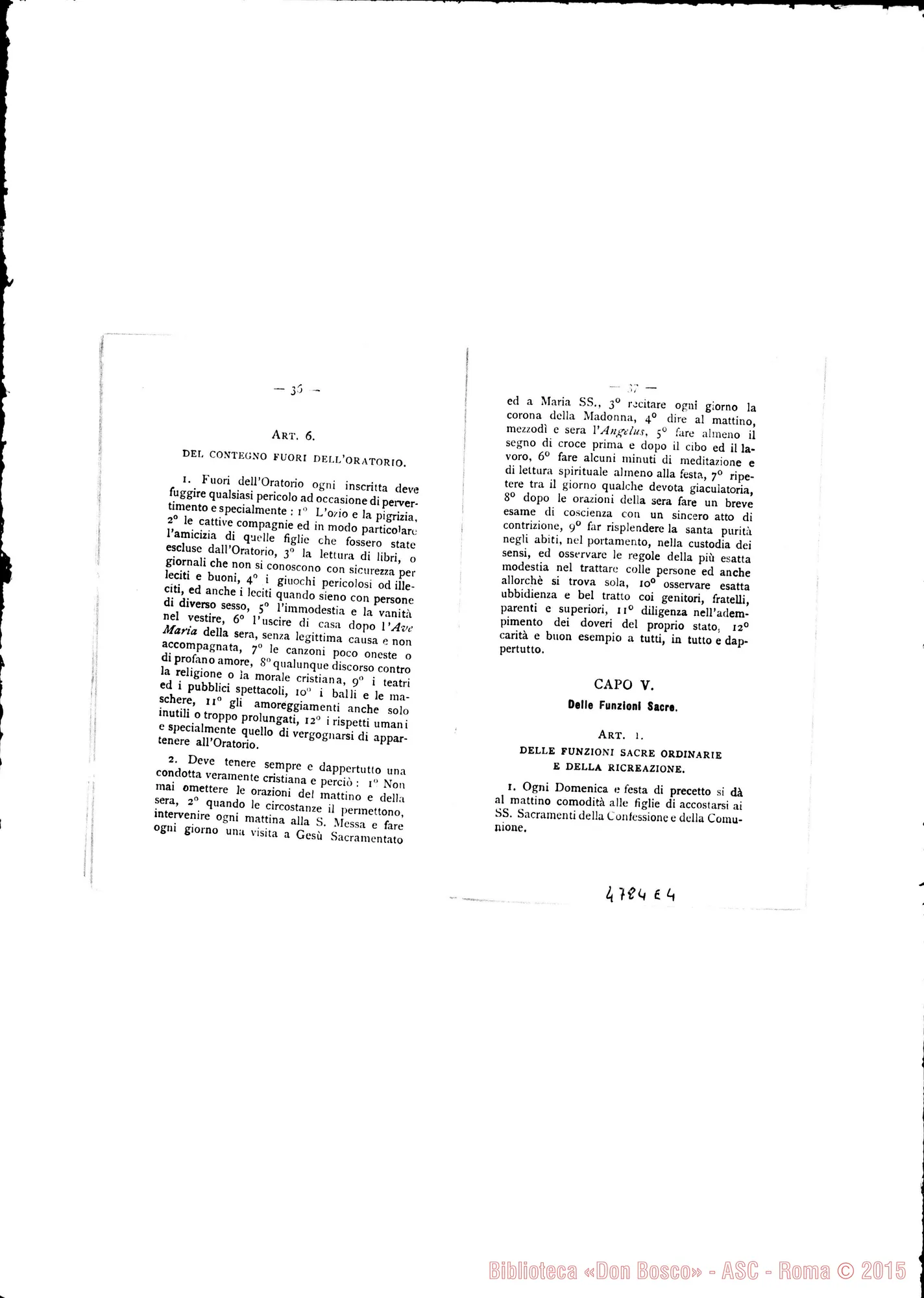 Fotogramma E 4 — Oratorio Festivo: Regolamento delFOratorio Festivo Femminile. Stampato. Torino, 1895