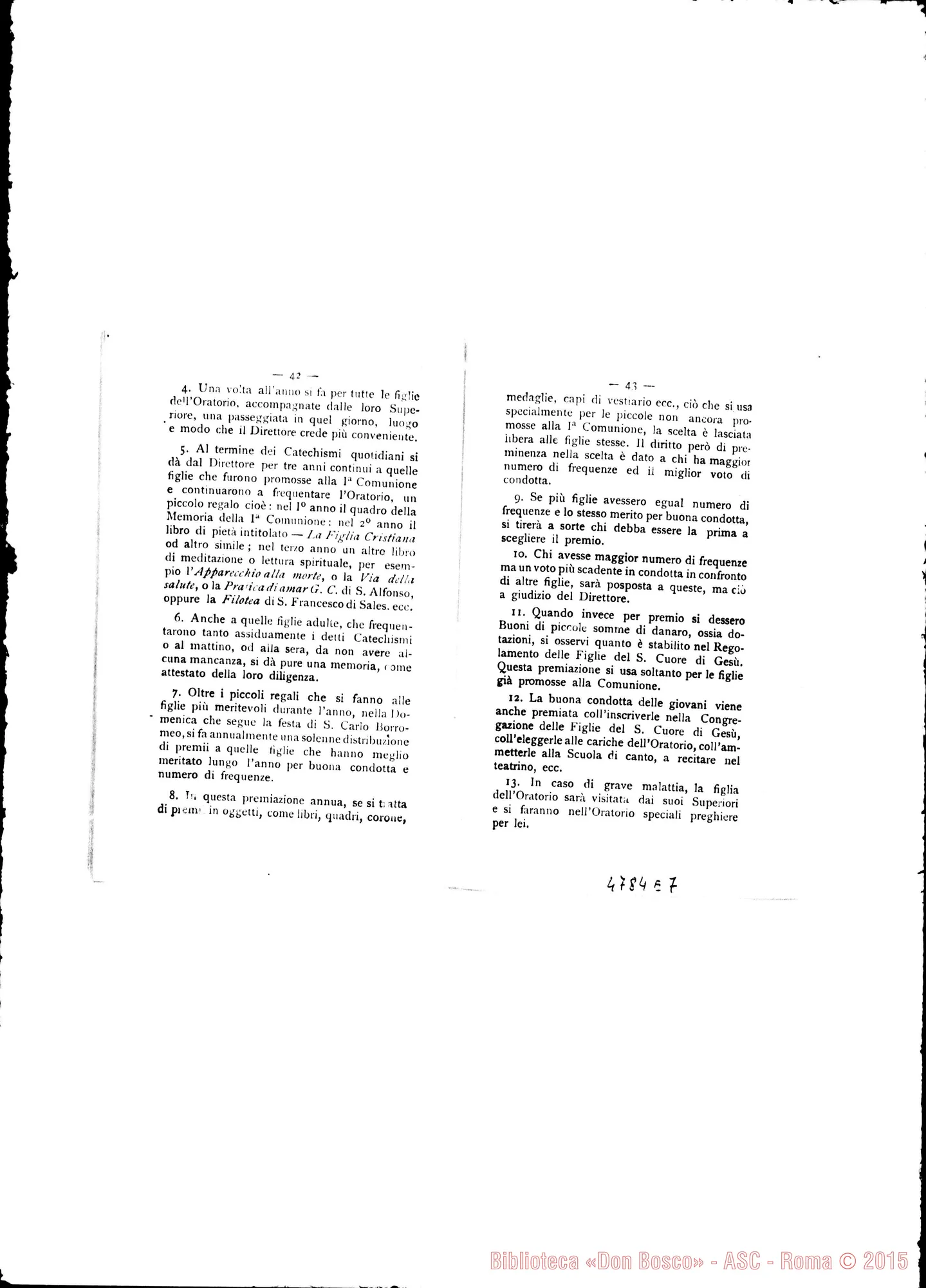 Fotogramma E 7 — Oratorio Festivo: Regolamento delFOratorio Festivo Femminile. Stampato. Torino, 1895