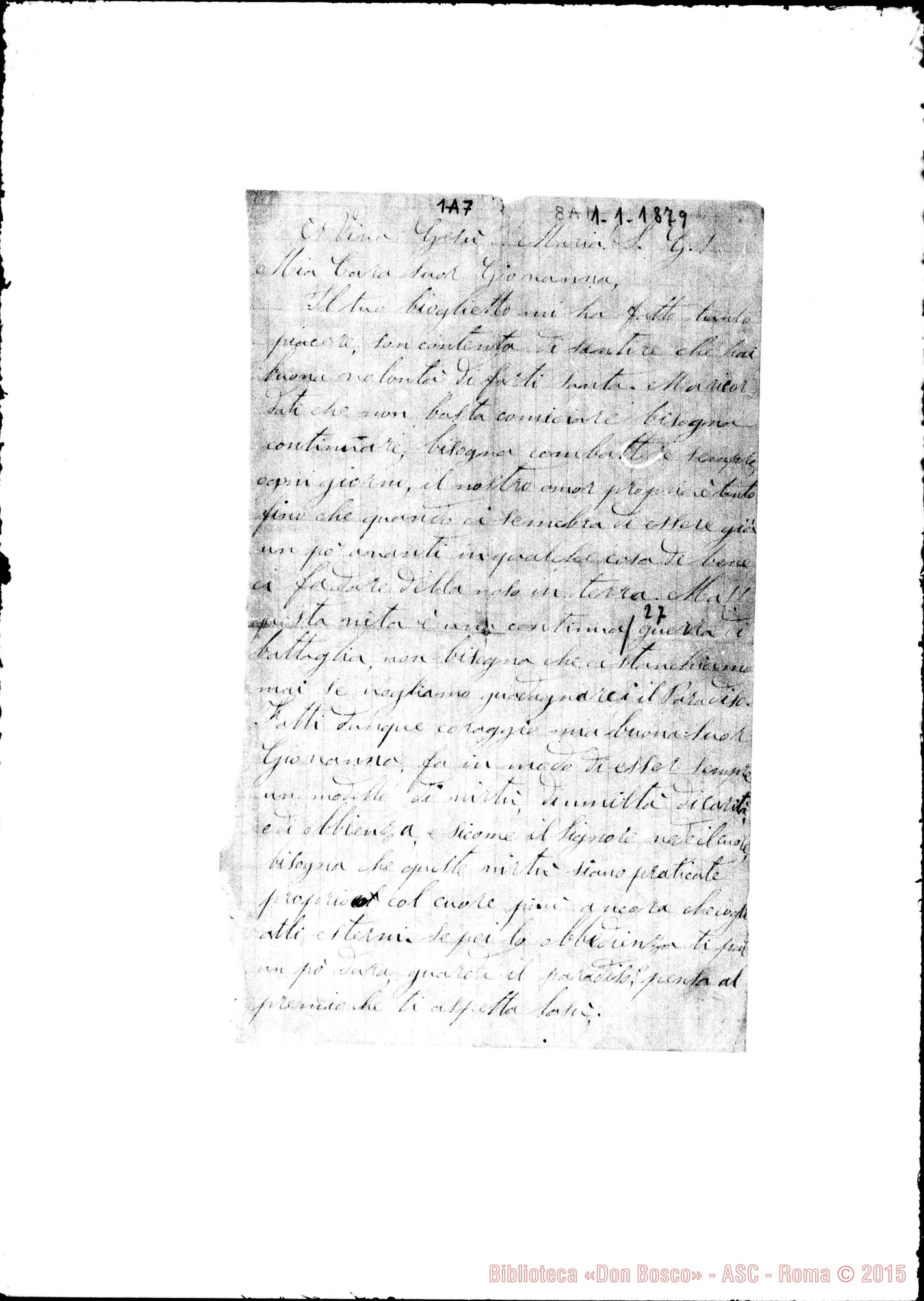 Fotogramma A 7 — Suor Giovanna Borgna Mornese, 1-01-1879 Autografa
