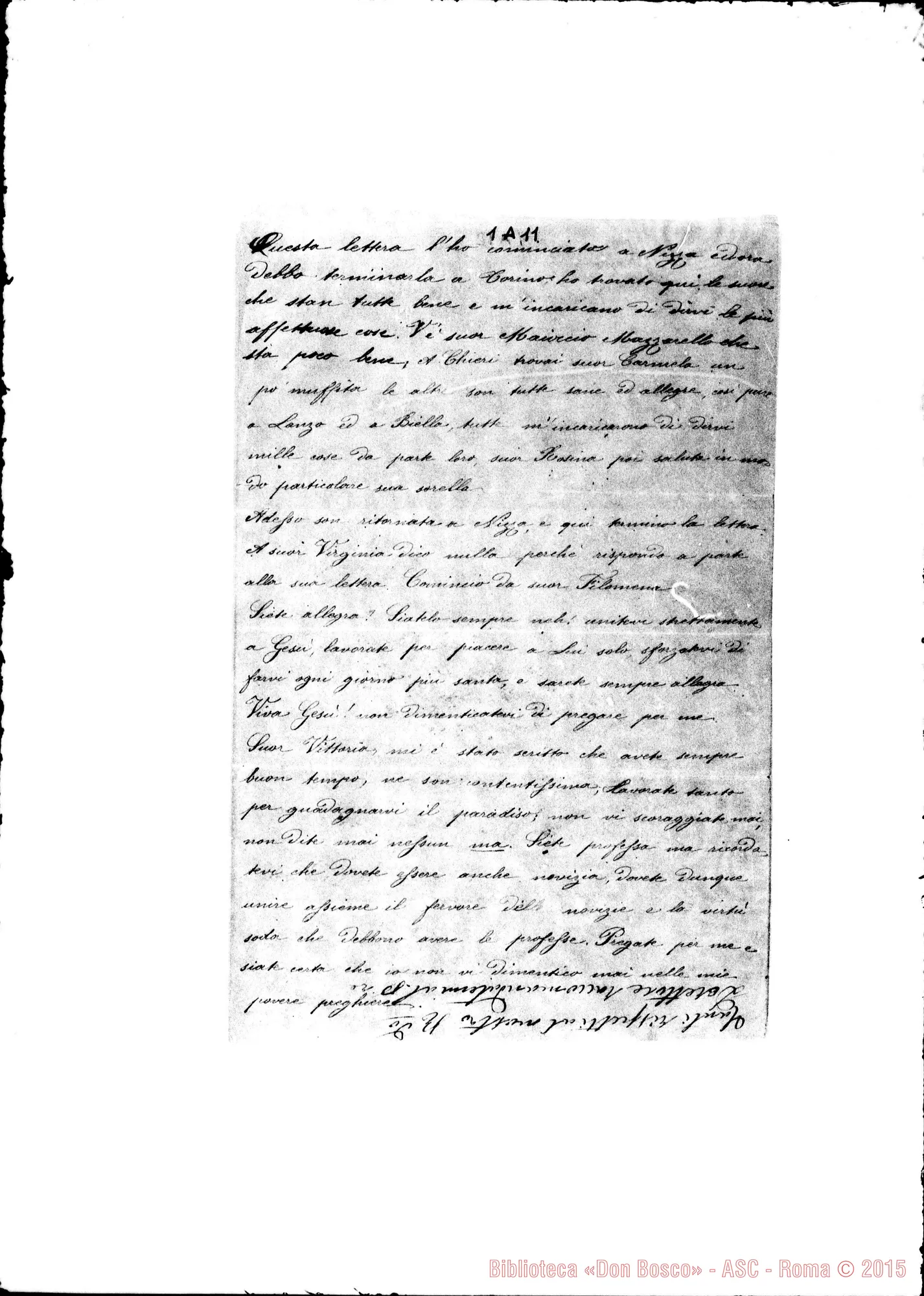 Fotogramma A 11 — Suor A. Vallese E Suore Nizza, 9-04-1879 Postilla autogr.