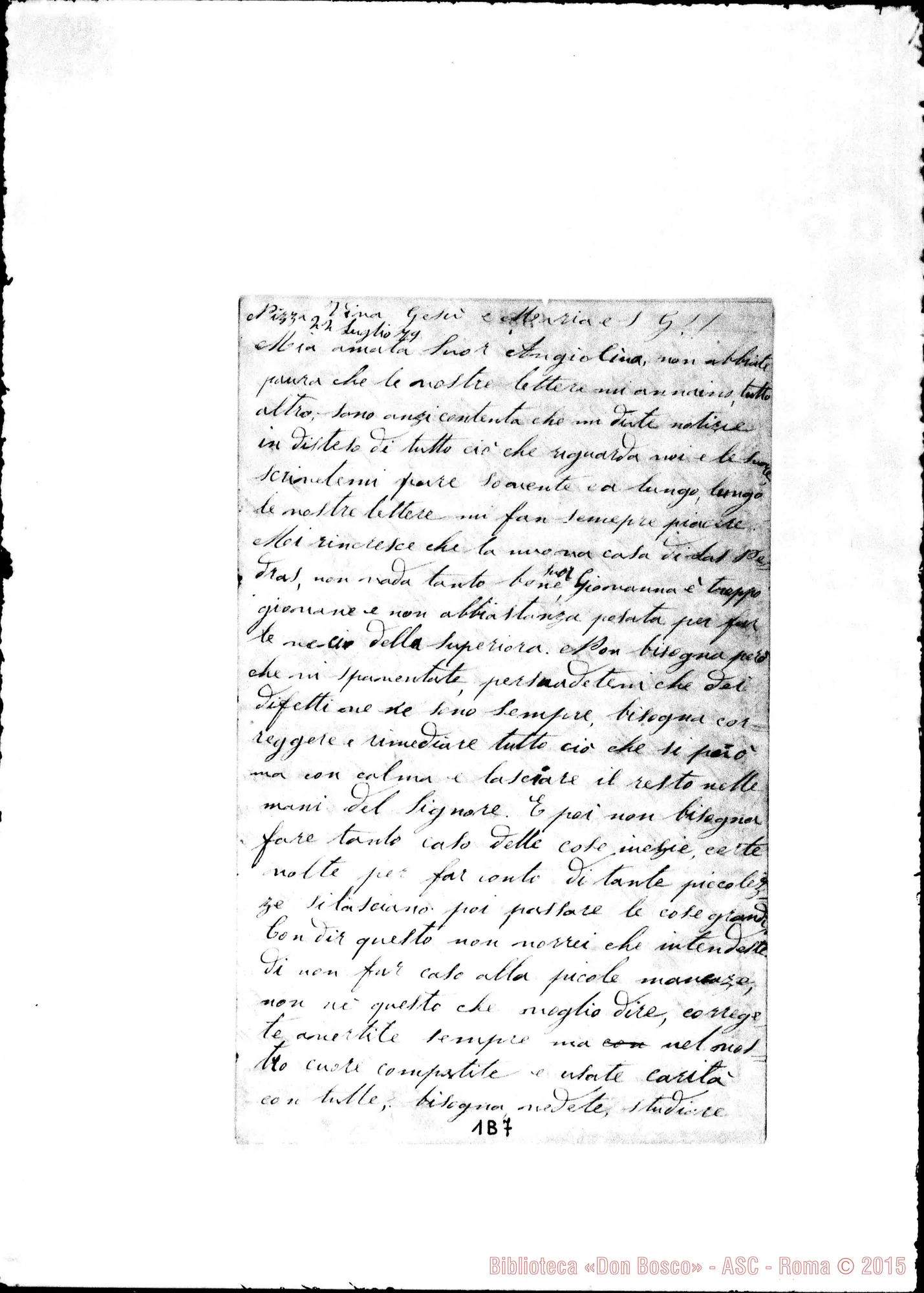 Fotogramma B 7 — Suor Angela Vallese Nizza, 22-07-1879 Autografa