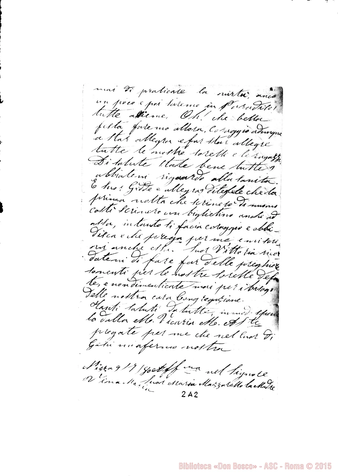 Fotogramma A 2 — Suor Vittoria Cantù Nizza, 9-07-1880 Autografa