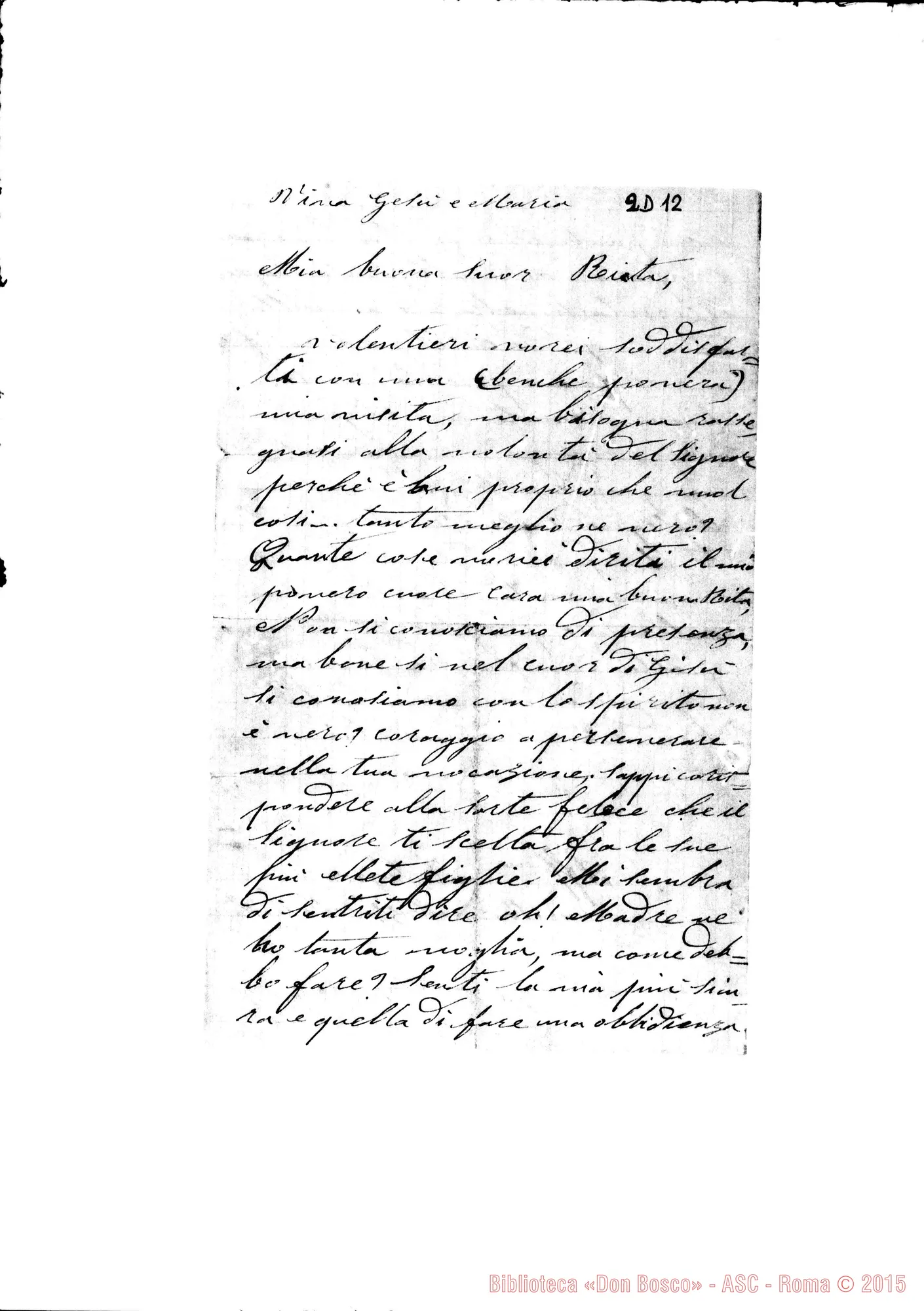 Fotogramma D 12 — Suor Rita Barilatti Nizza, 00-01-1881 Autografa