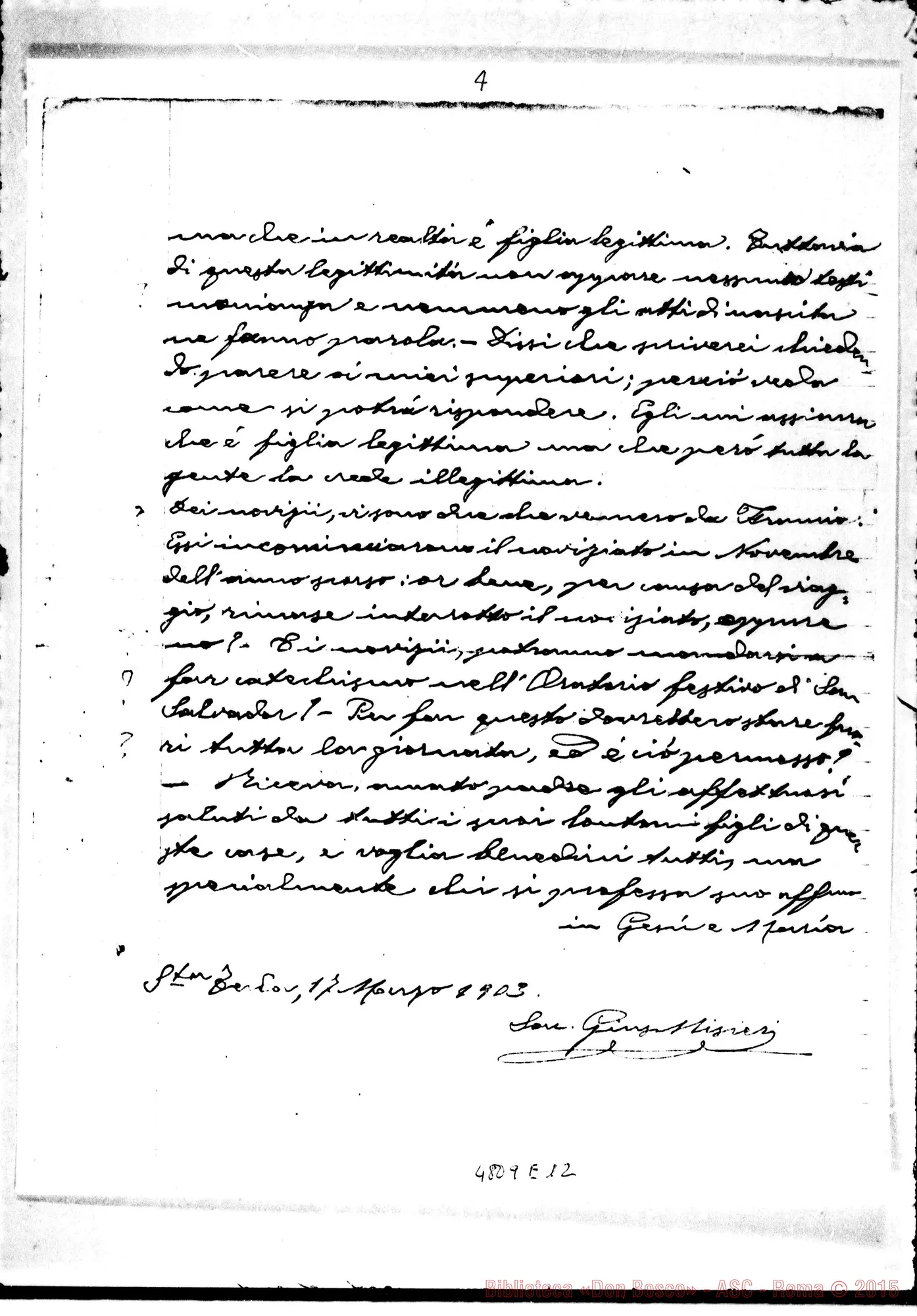 Fotogramma E 12 — Lettera di D. Misieri-D. Rua. Santa Tecla, 17-03-1903. Autogr. Rua. Fotocopia