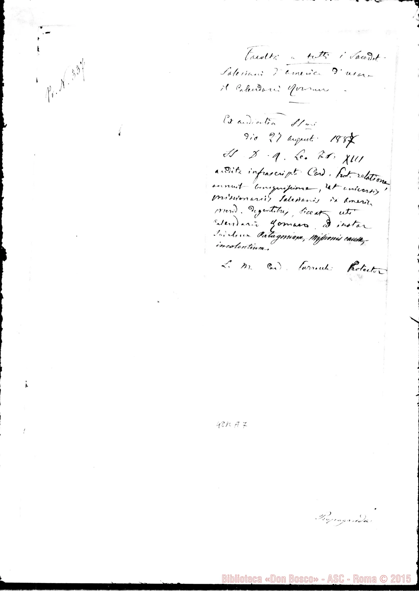 Fotogramma A 7 — Card. Parocchi-D. Costamagna. Roma, 27-08-1887 (Copia mf. 4.810 A 5)