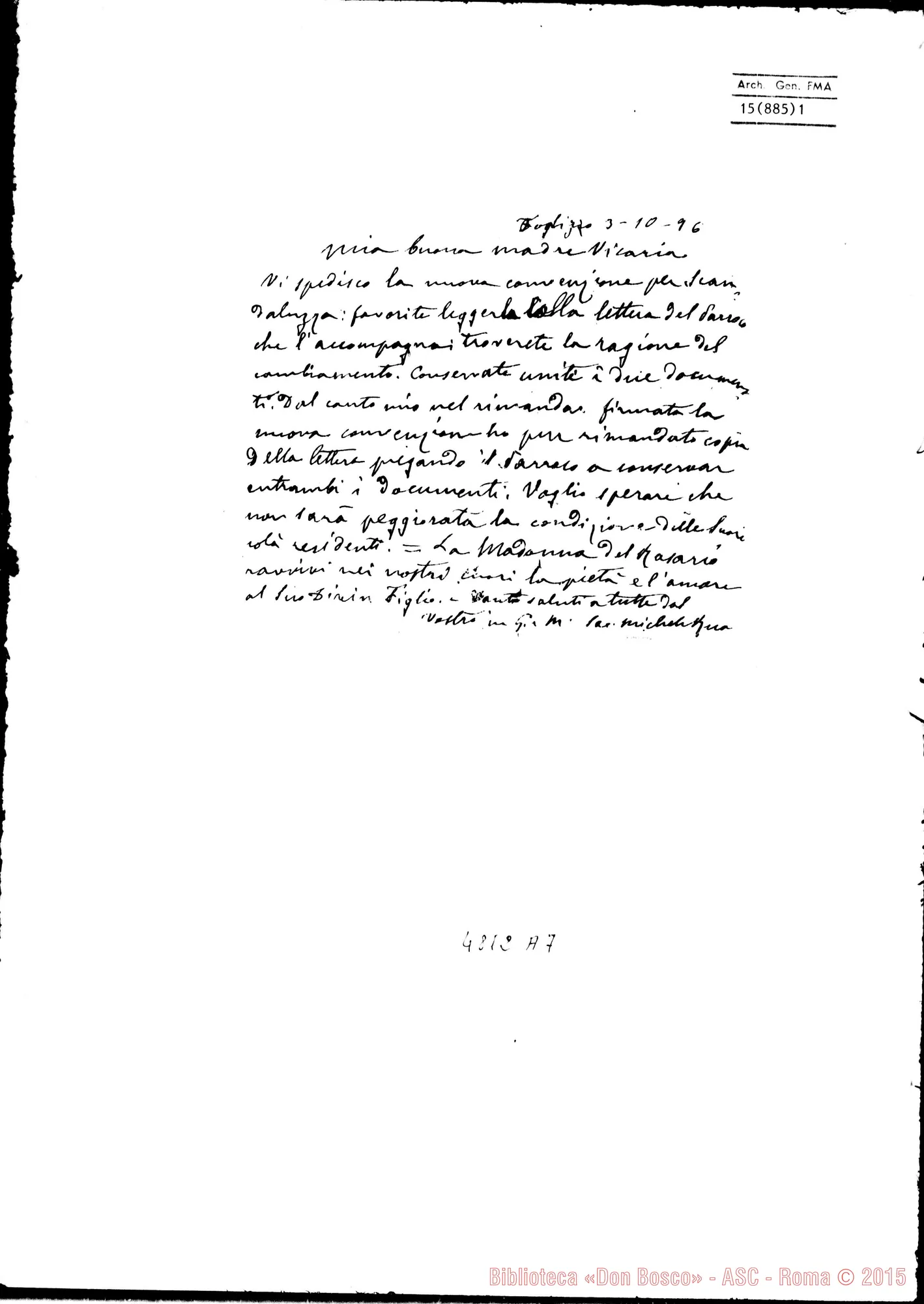 Fotogramma A 7 — « « -Sorbone Enrichetta, suora Vicaria. Torino, 3-10-1896. Fotocopia